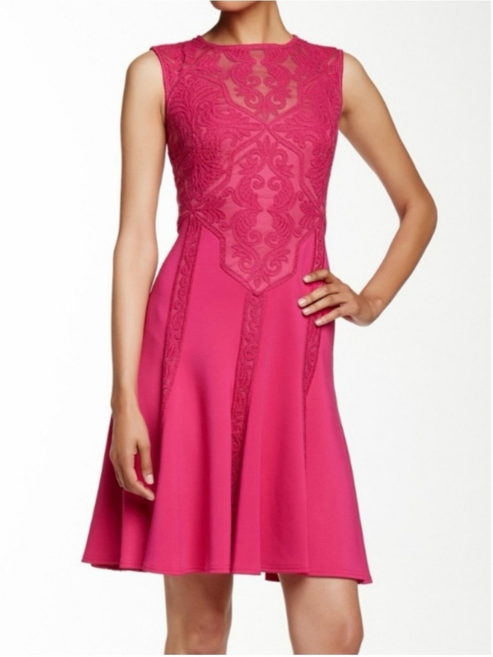 Tadashi Shoji Embroidered Neoprene Dress Rosette Pink Fit & Flare Size 2P Petite